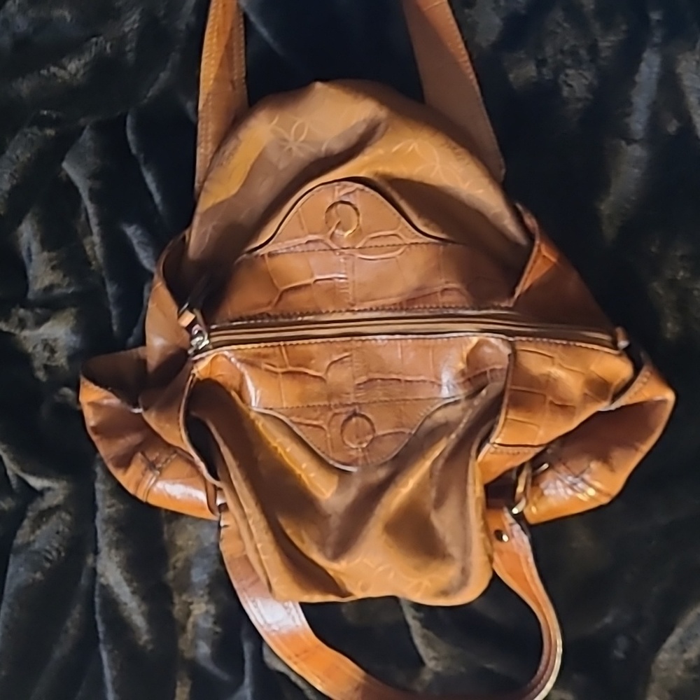 FOSSIL Croc Embossed Leather Shoulder Bag Purse 12" x 8" - Brown - Picture 12 of 16